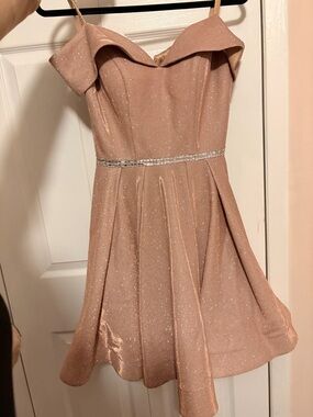 Dancing Queen Glittery Rose Gold Off-Shoulder Mini Dress